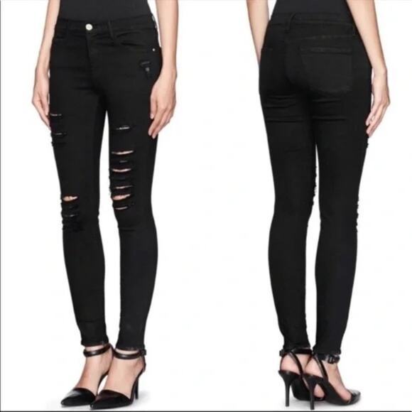 Frame Le Skinny de Jeanne Distressed Stretch Jeans SIZE 26 Black Film Noir USA - Picture 1 of 14